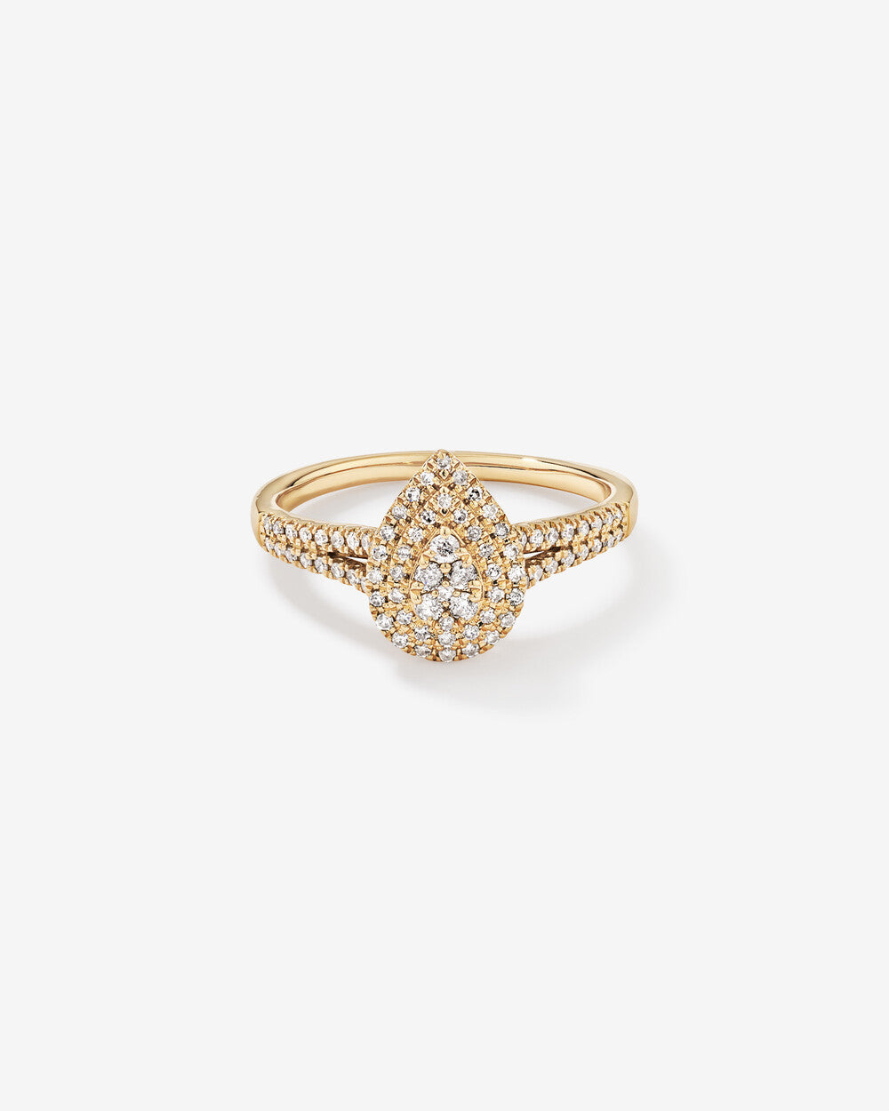 0.33 Carat Pear Shaped Cluster Diamond Halo Engagement Ring in 14k Yellow Gold