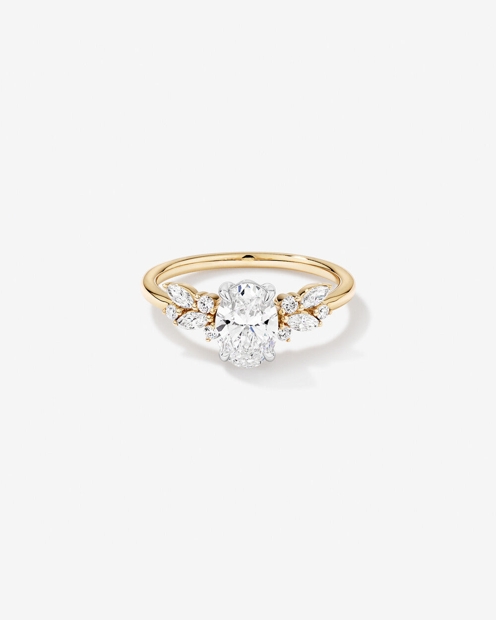 2.40 Carat Oval Cut Lab-Grown Diamond Marquise & Round Cut Side Stone Engagement Ring in 14k Yellow & White Gold